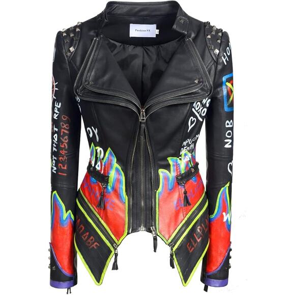 Unbranded Jackets & Blazers - Women's fashion studs Faux Leather Motorcycle jacket, graffiti punk, Black, XS